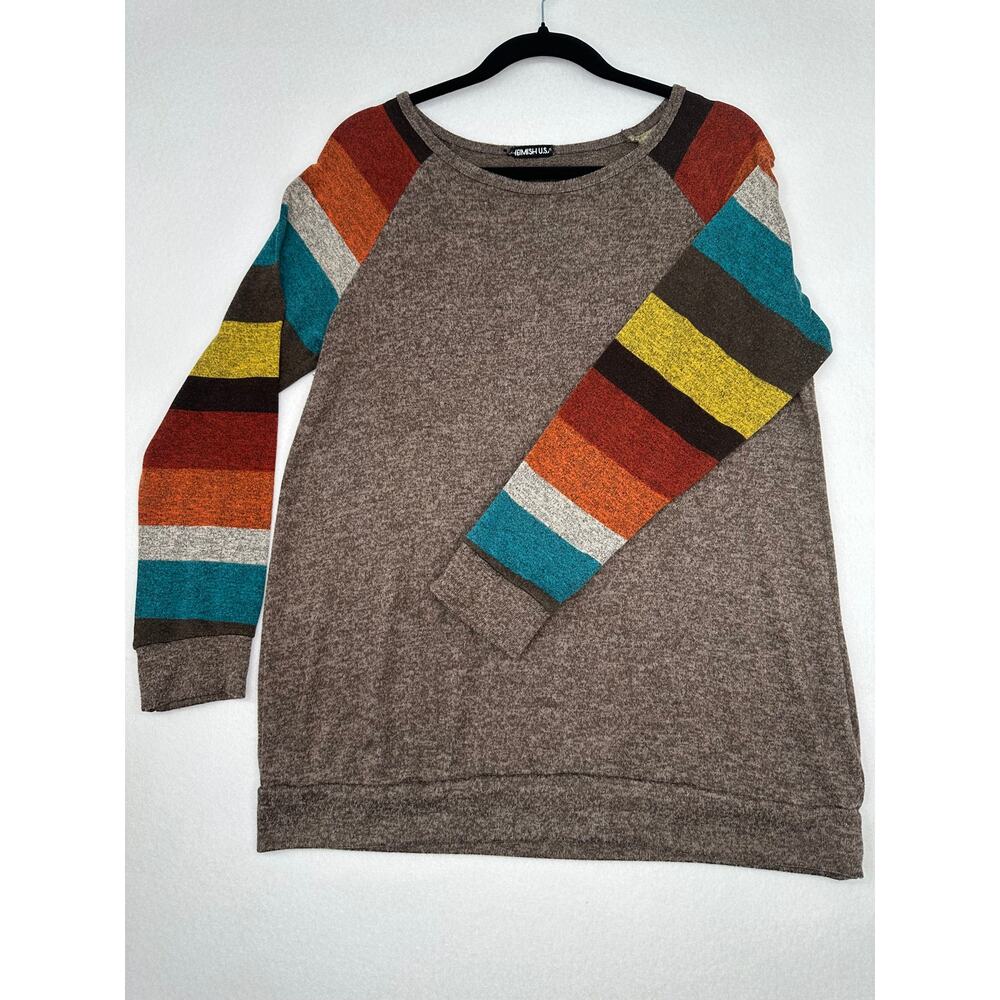 Heimish USA Striped Sleeve Henley Brown Lightweight Sweater Tunic Top M - Picture 4 of 9